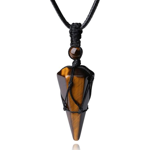 Men's Adjustable Black Rope Healing Crystal Natural Gemstone Pointed Pendant - Picture 1 of 7